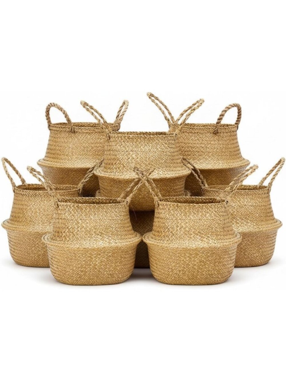 Set of 4 Woven Seagrass Belly Baskets - Large Storage Bins, Eco-Friendly Decor